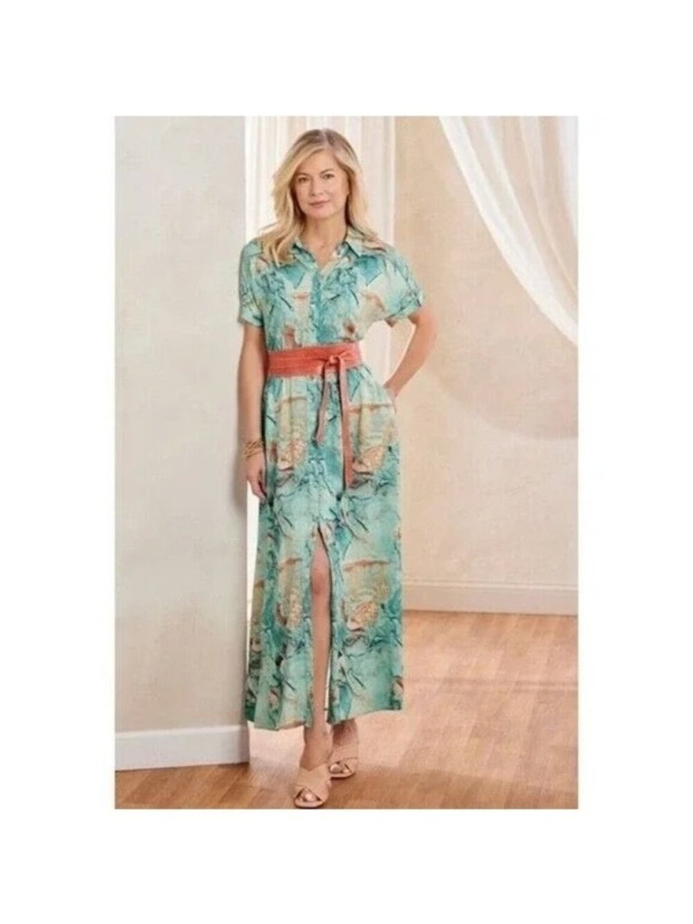 Soft Surroundings Waterfront Long Shirt Dress in Abstract Teal Marble Medium